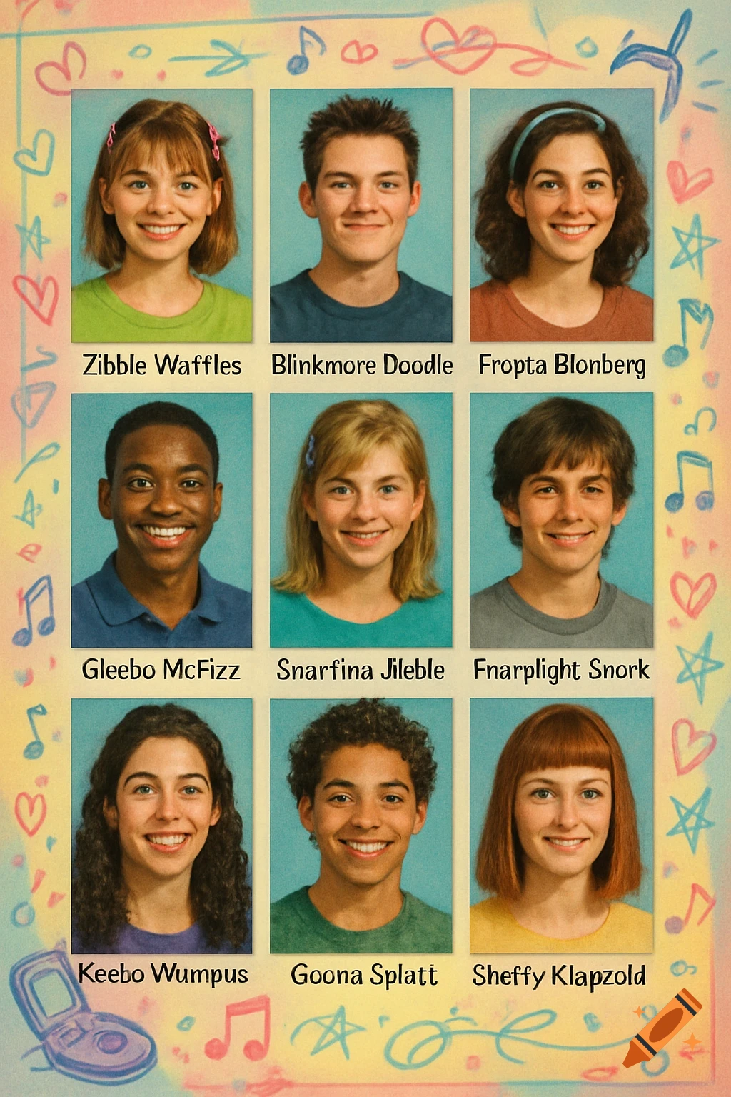 A 2000s-style high school yearbook page featuring nine student portraits with humorous, nonsensical names.