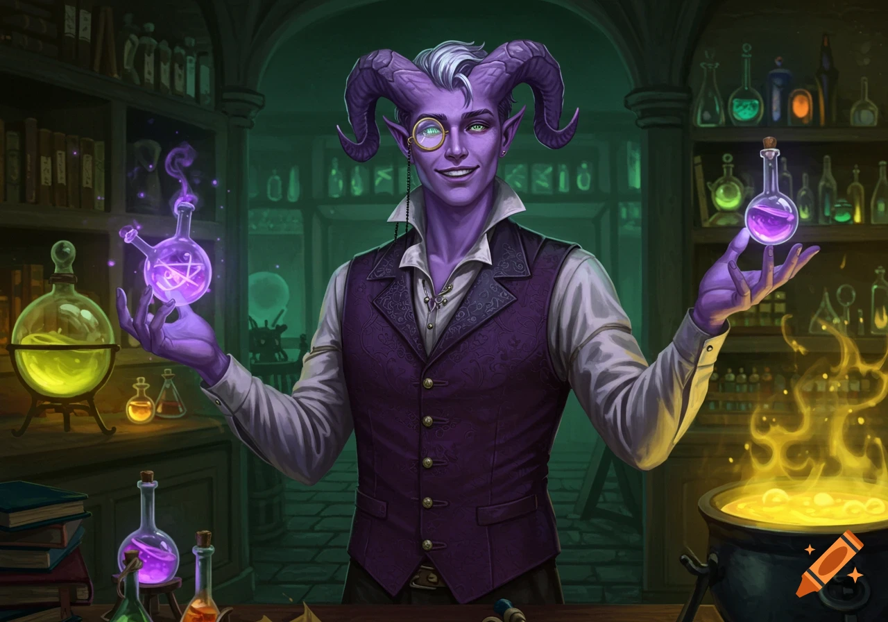 A purple-skinned Tiefling sorcerer with horns and a monocle holds glowing vials in an alchemy lab with bubbling cauldrons.