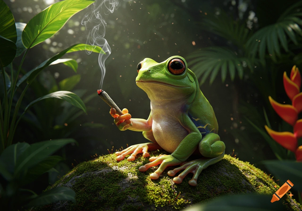A photorealistic green frog with large red eyes sits on a mossy rock in a jungle, holding and smoking a lit joint.