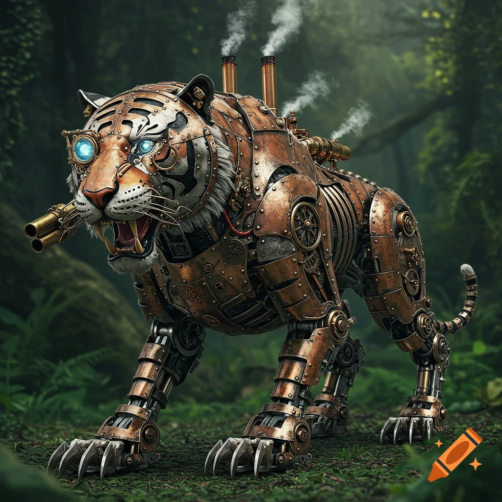 A detailed steampunk tiger automaton with brass armor and glowing blue eyes stands in a lush jungle.