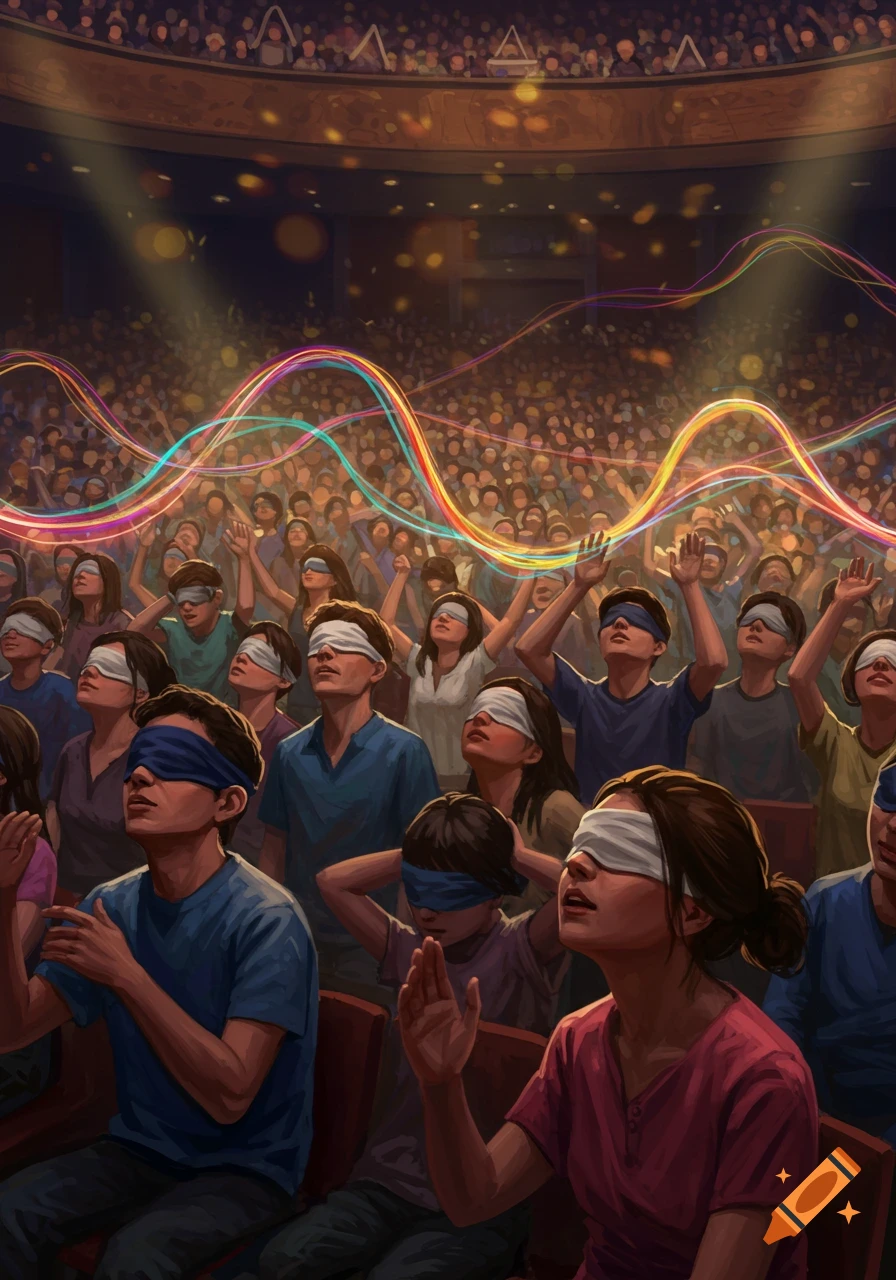 Digital illustration of a large crowd of blindfolded people in an auditorium, looking up at colorful light waves.