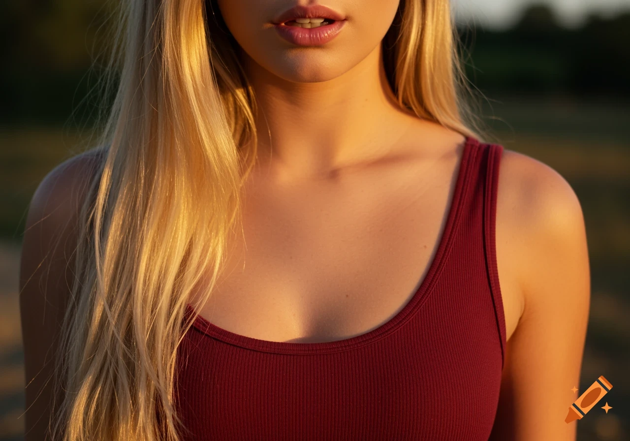 Close-up of a woman with long blonde hair, plump lips, and a maroon tank top, with her tongue slightly visible.