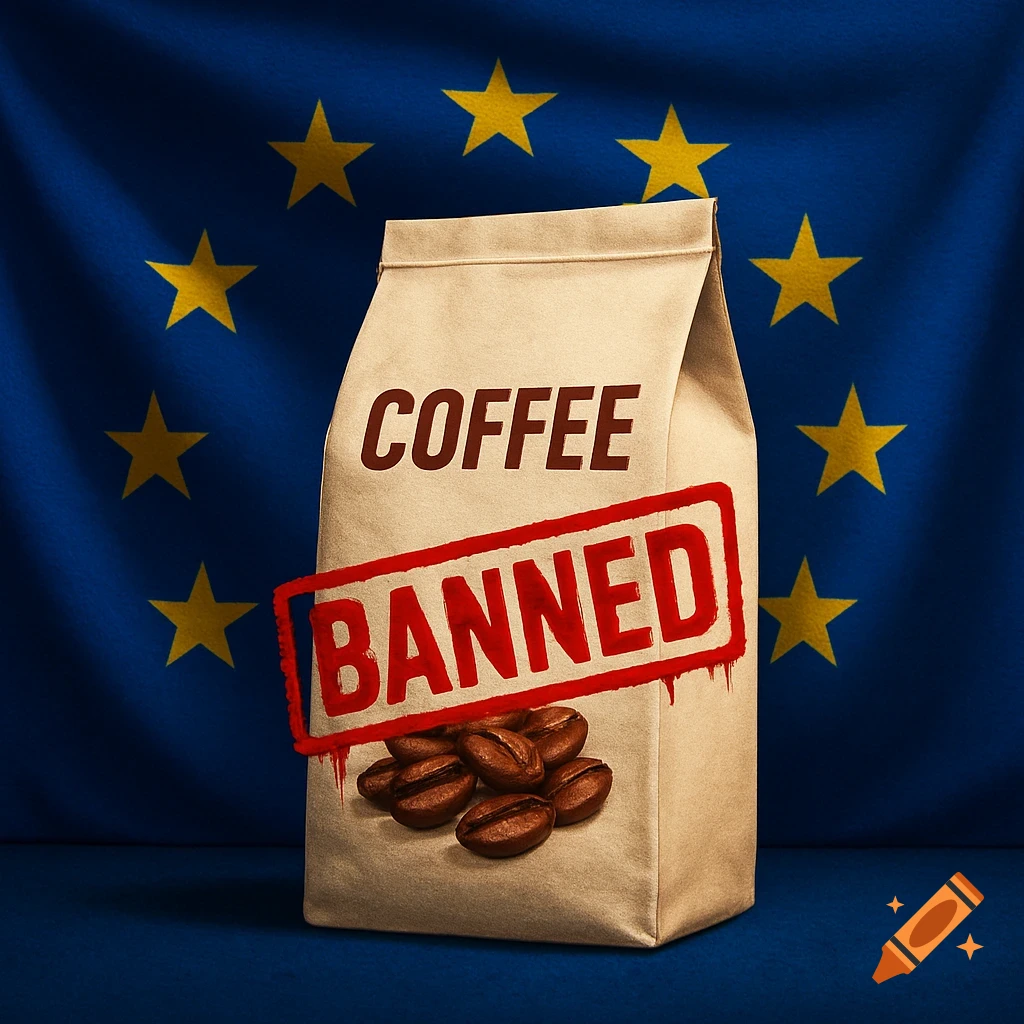 A coffee bag with 'COFFEE' text and a red 'BANNED' stamp in front of a waving European Union flag, photorealistic style.