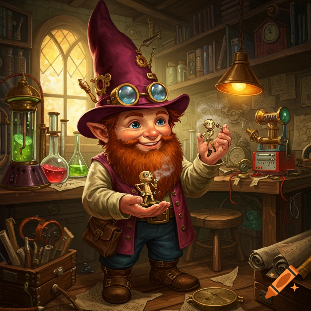 A cheerful gnome inventor with a purple hat and goggles holds two small steampunk robots in his bustling workshop.