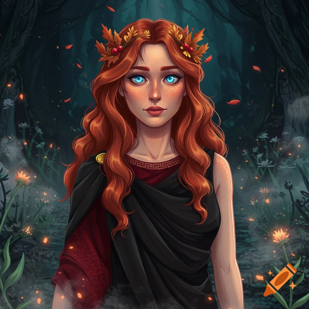A fantasy illustration of a red-haired woman with glowing blue eyes wearing a black and red toga and a leaf crown in a dark forest.
