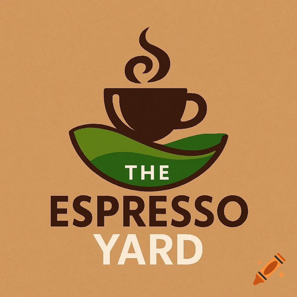 A cafe logo for 'The Espresso Yard' featuring a brown coffee cup with steam over green leaf shapes, on a light brown background.