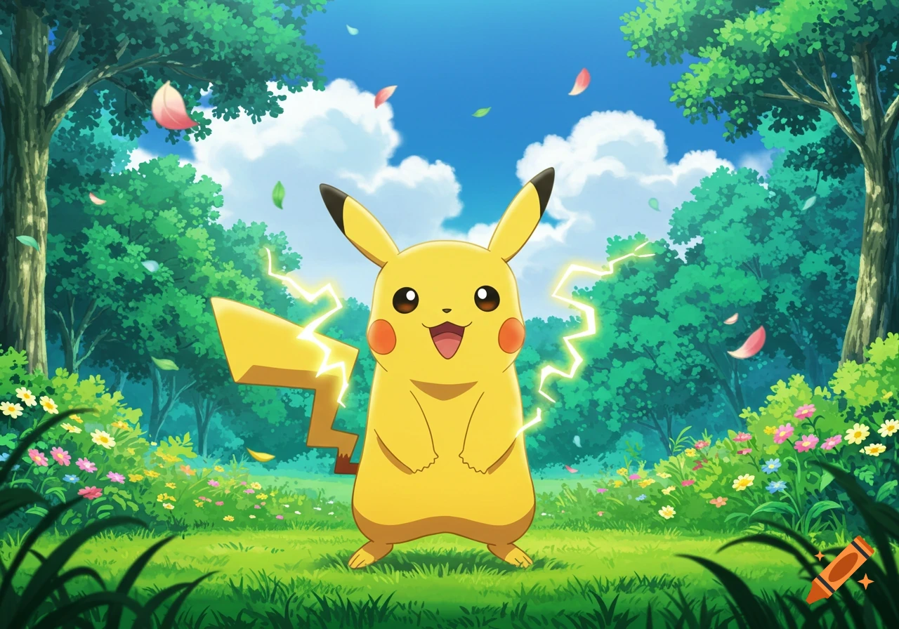 Pikachu in a lush green forest, surrounded by colorful flowers, under a blue sky with white clouds, electricity crackling around it.