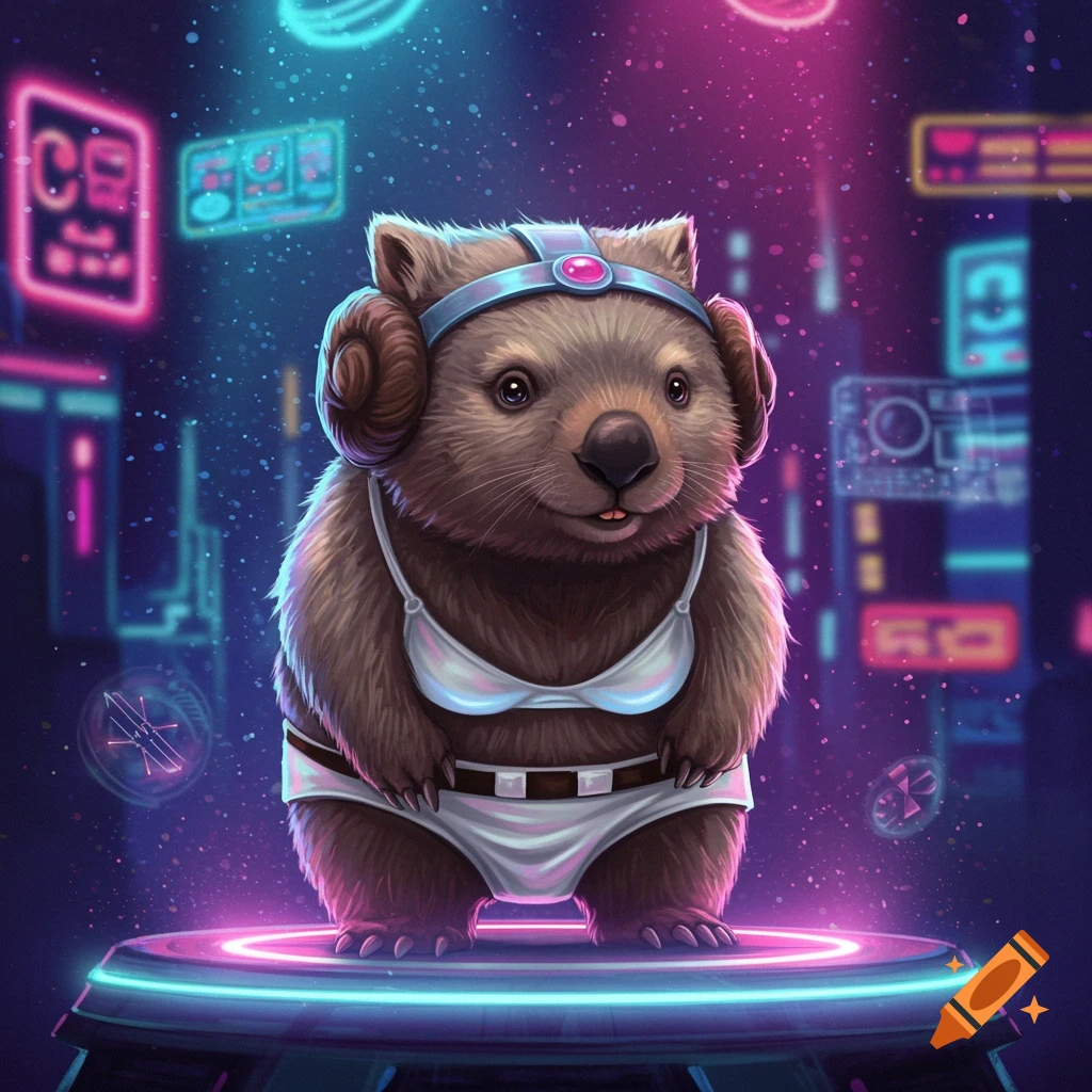 A cute wombat wearing a Princess Leia bikini stands on a glowing neon platform in a futuristic city with neon lights.