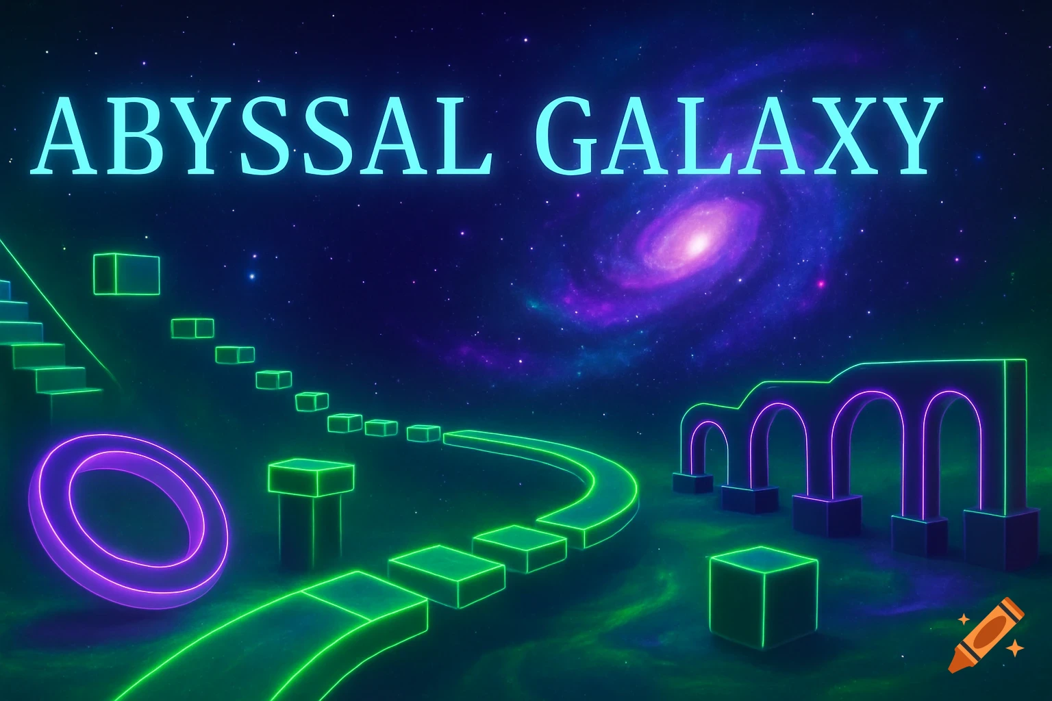 Neon green and purple geometric shapes form an obby against a vibrant blue and purple galaxy background. Text reads 'ABYSSAL GALAXY'.