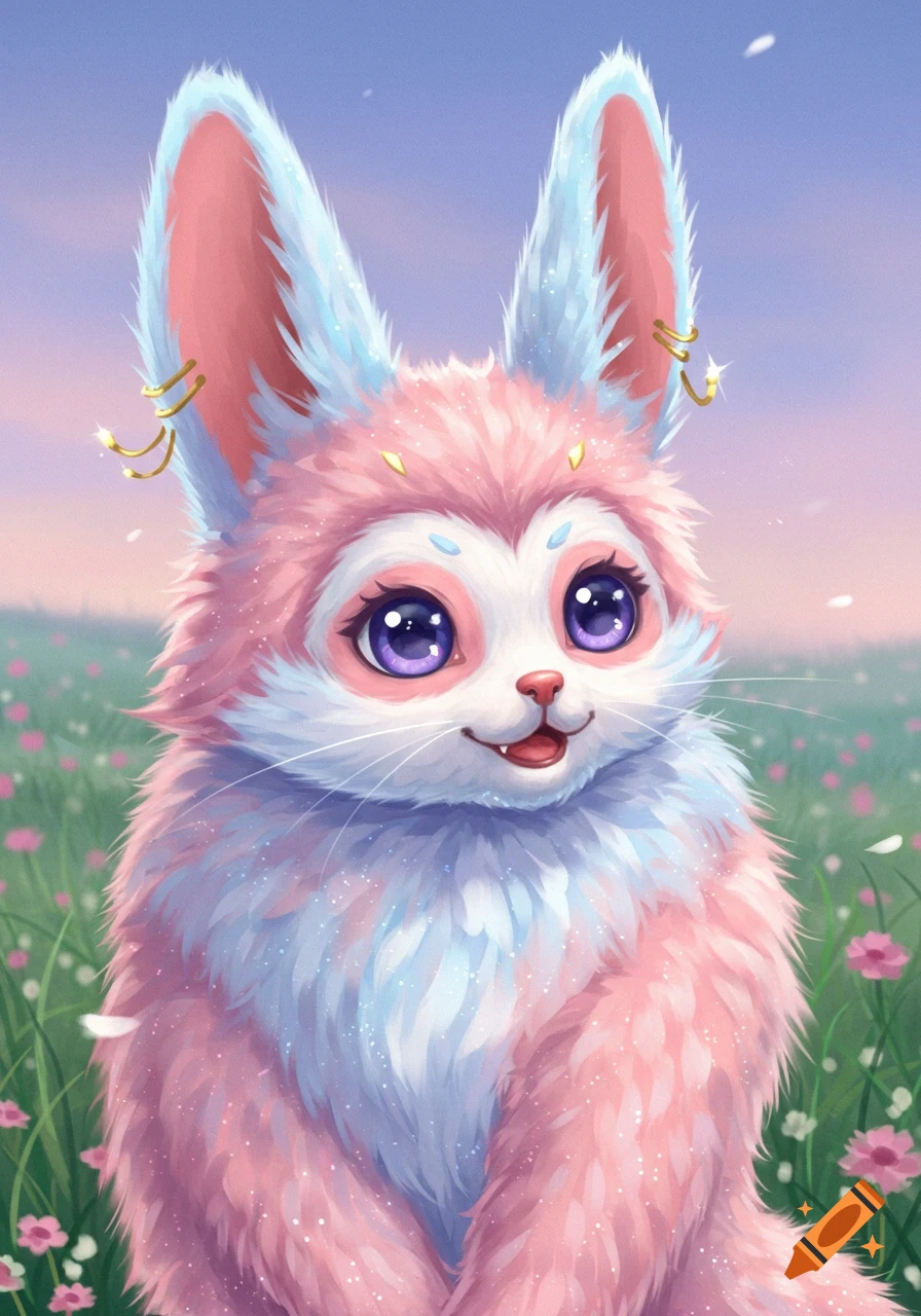 A cute, fluffy creature with pink and blue fur, large purple eyes, and golden earrings, sits in a field of pink flowers.