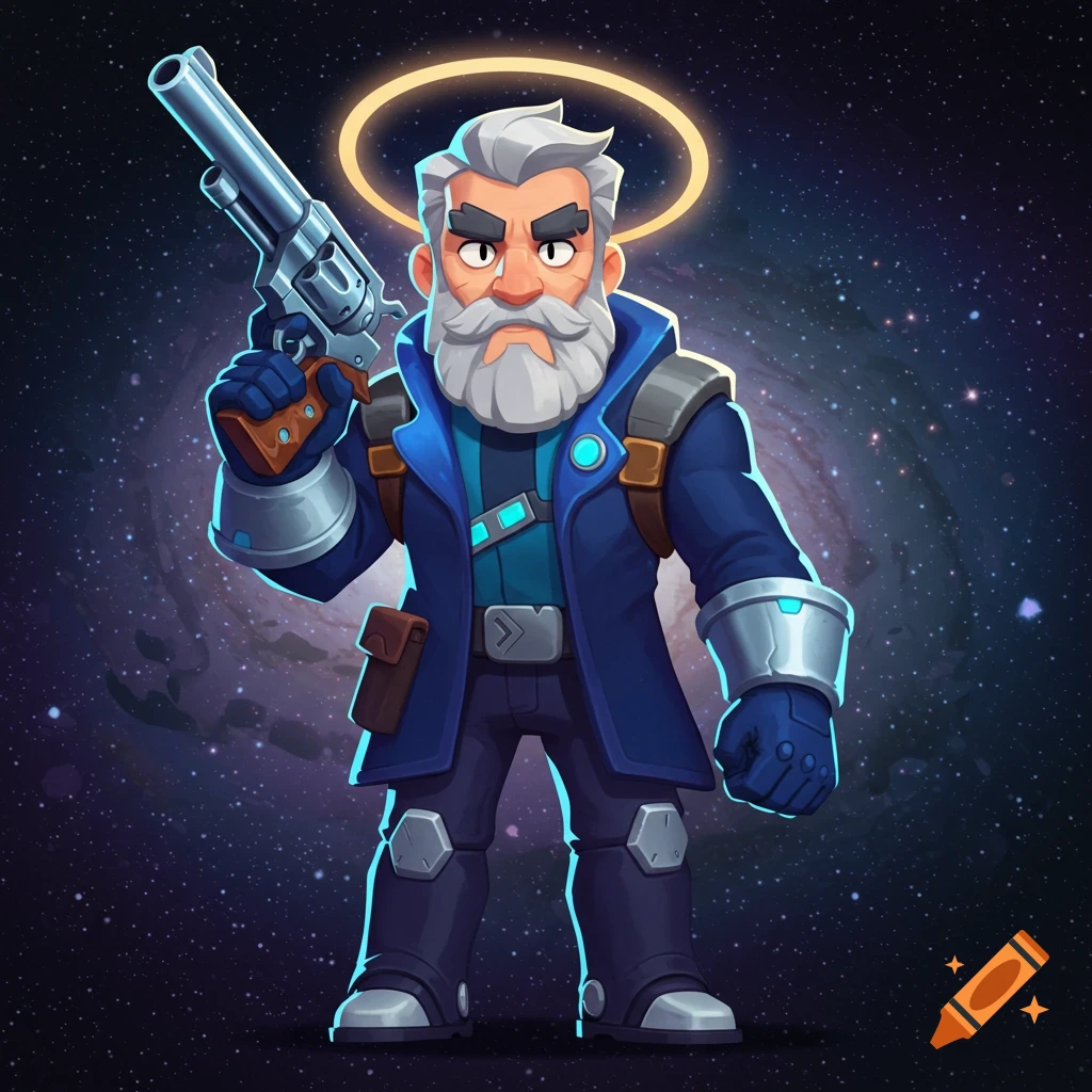 A stylized cartoon old man with a gray beard and blue coat holding a revolver, with a halo above his head and a galaxy background.