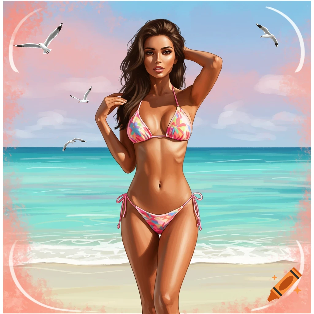 Stylized illustration of a woman in a colorful bikini posing on a beach with the ocean and seagulls in the background.