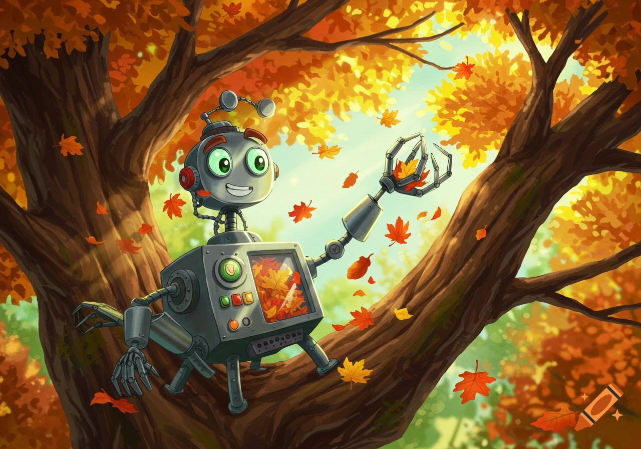 A cheerful cartoon robot sits in an autumn tree, using a clawed arm to collect vibrant orange and yellow leaves.