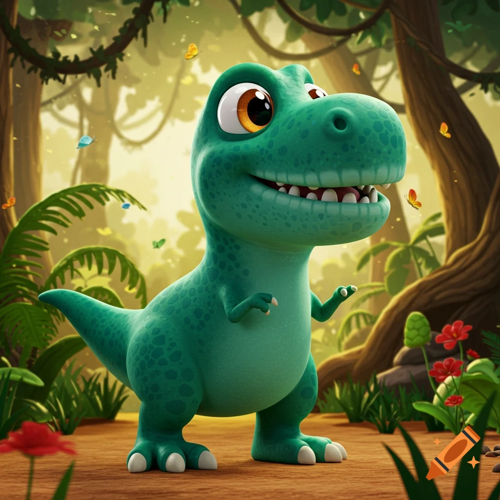 A vibrant cartoon T. rex with large eyes and a wide smile stands in a lush, sunny jungle with butterflies.