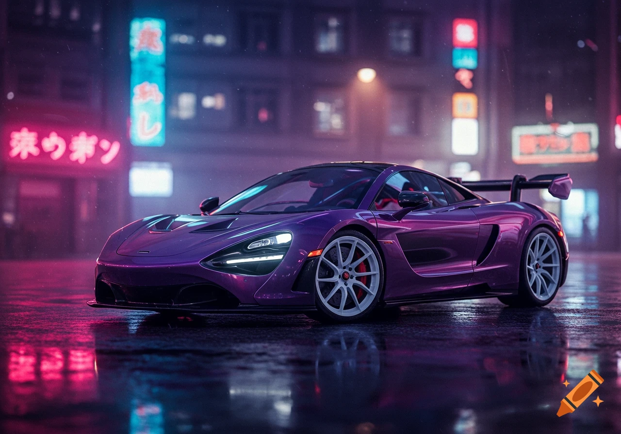 A metallic purple McLaren Senna with white rims on a wet street at night, reflecting neon signs from a city building in the background.