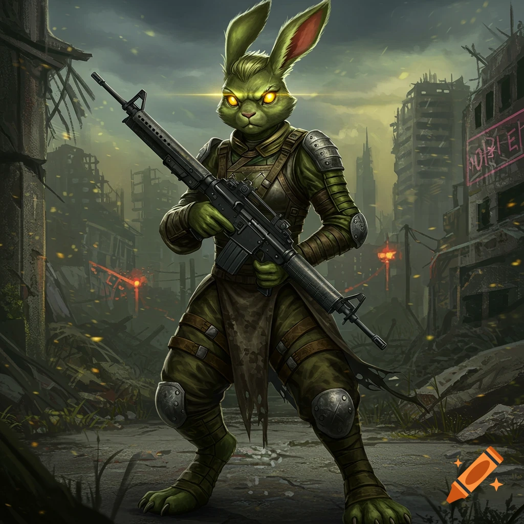 A fierce green anthropomorphic rabbit with glowing eyes stands in a destroyed city, holding a rifle. Digital painting.
