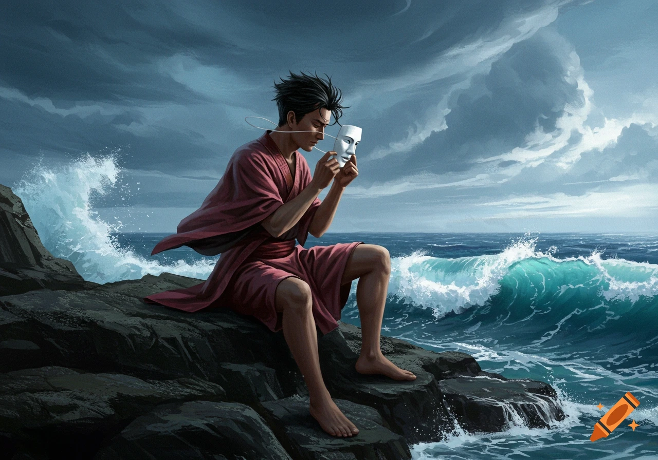 A man in a red kimono sits on rocks by a stormy sea, holding a white mask in a digital painting.
