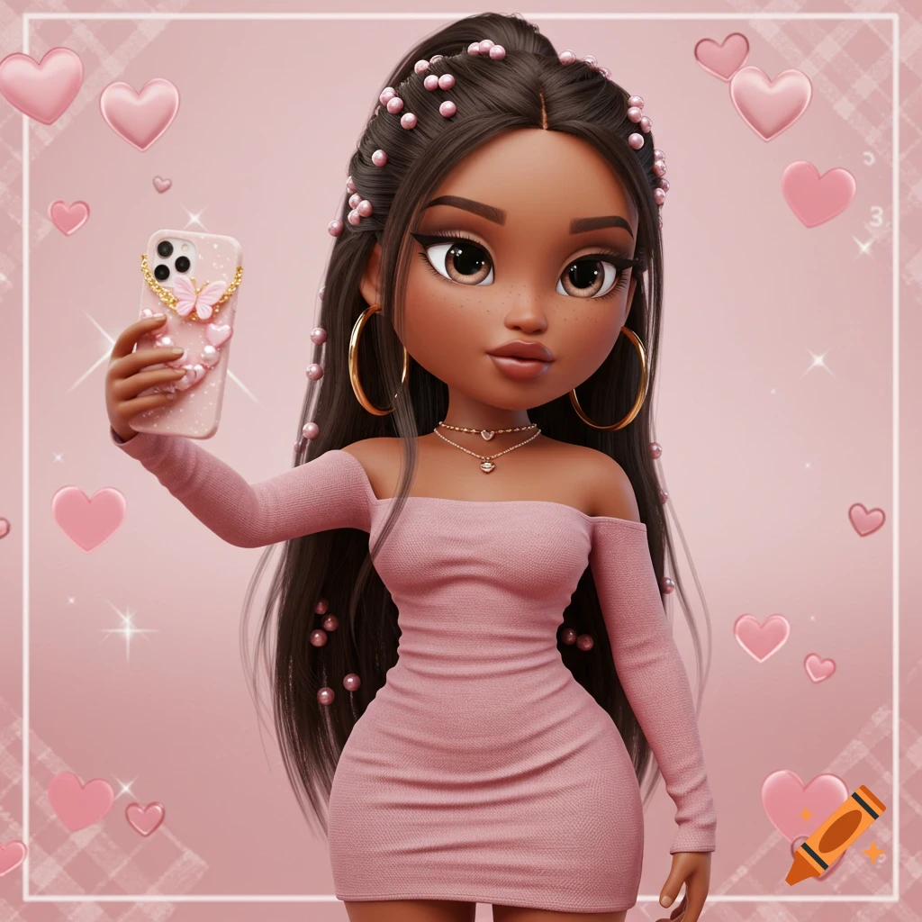 3D cartoon doll with long dark hair taking a selfie in a pink dress, surrounded by hearts.