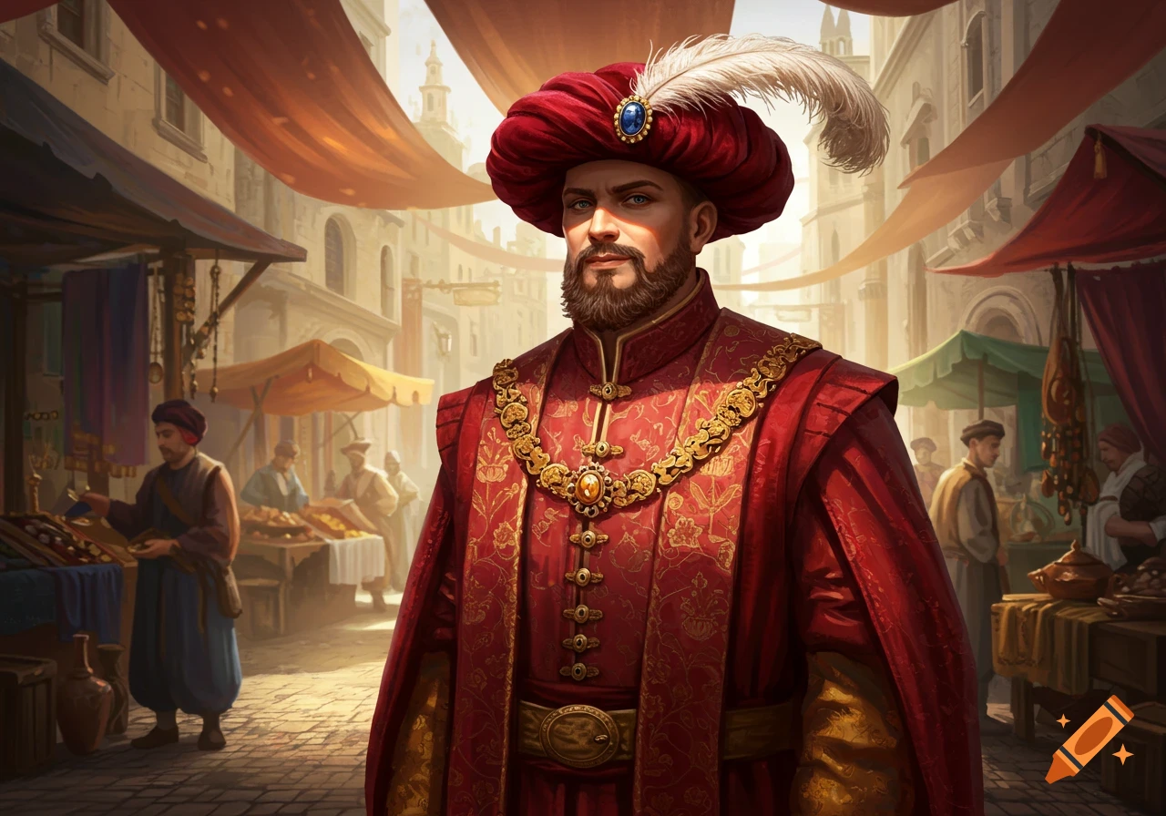 A bearded man in a red turban and ornate red and gold robes stands in a bustling market.