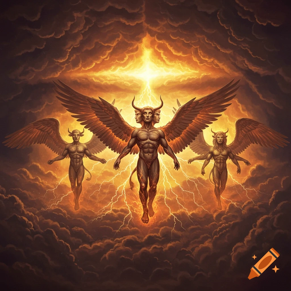 Three winged, muscular figures with horns, tails, and multiple faces (center figure) float in a stormy, fiery sky with lightning.