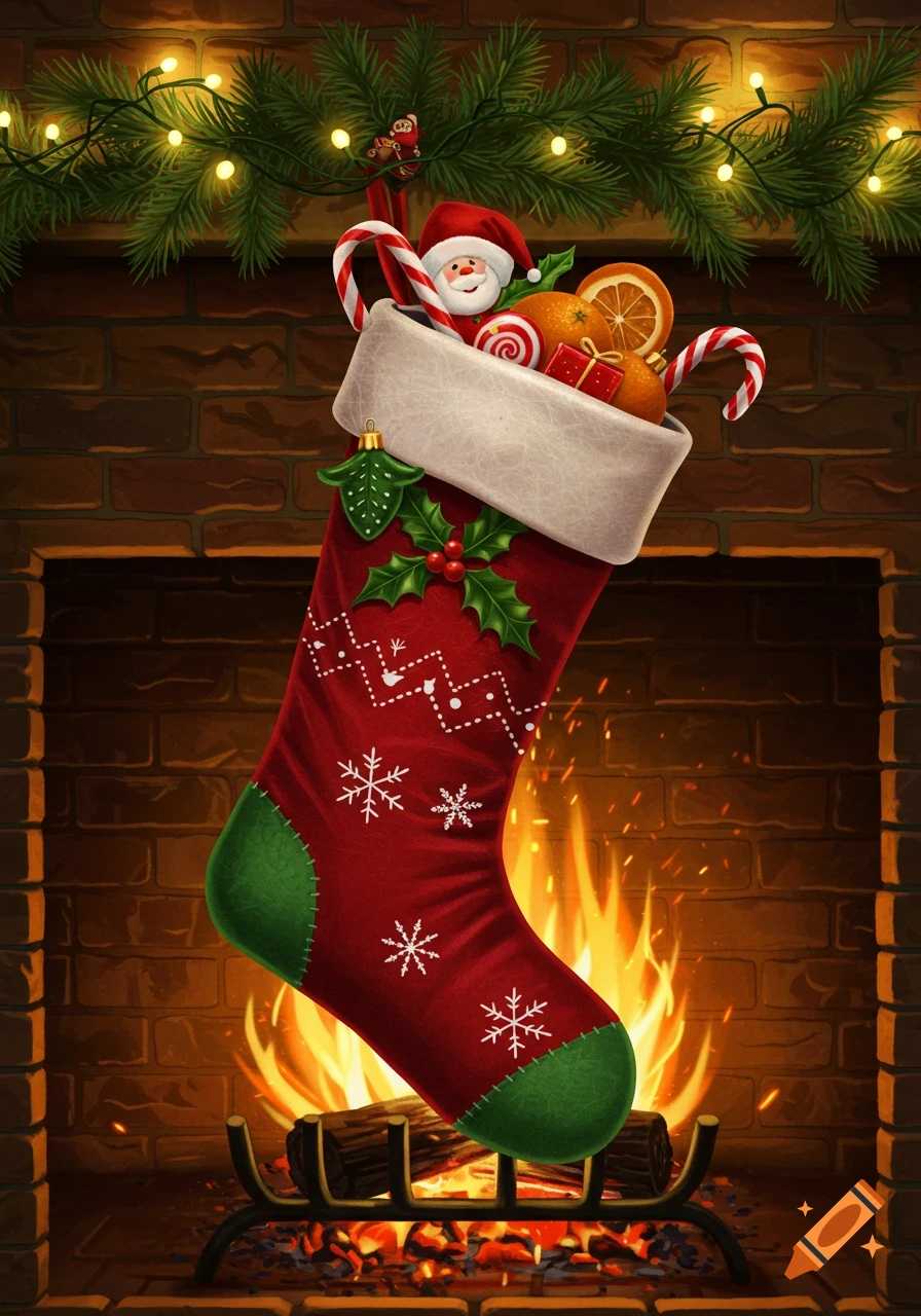 A festive Christmas stocking hangs by a brick fireplace, filled with Santa, candy canes, oranges, and ornaments.