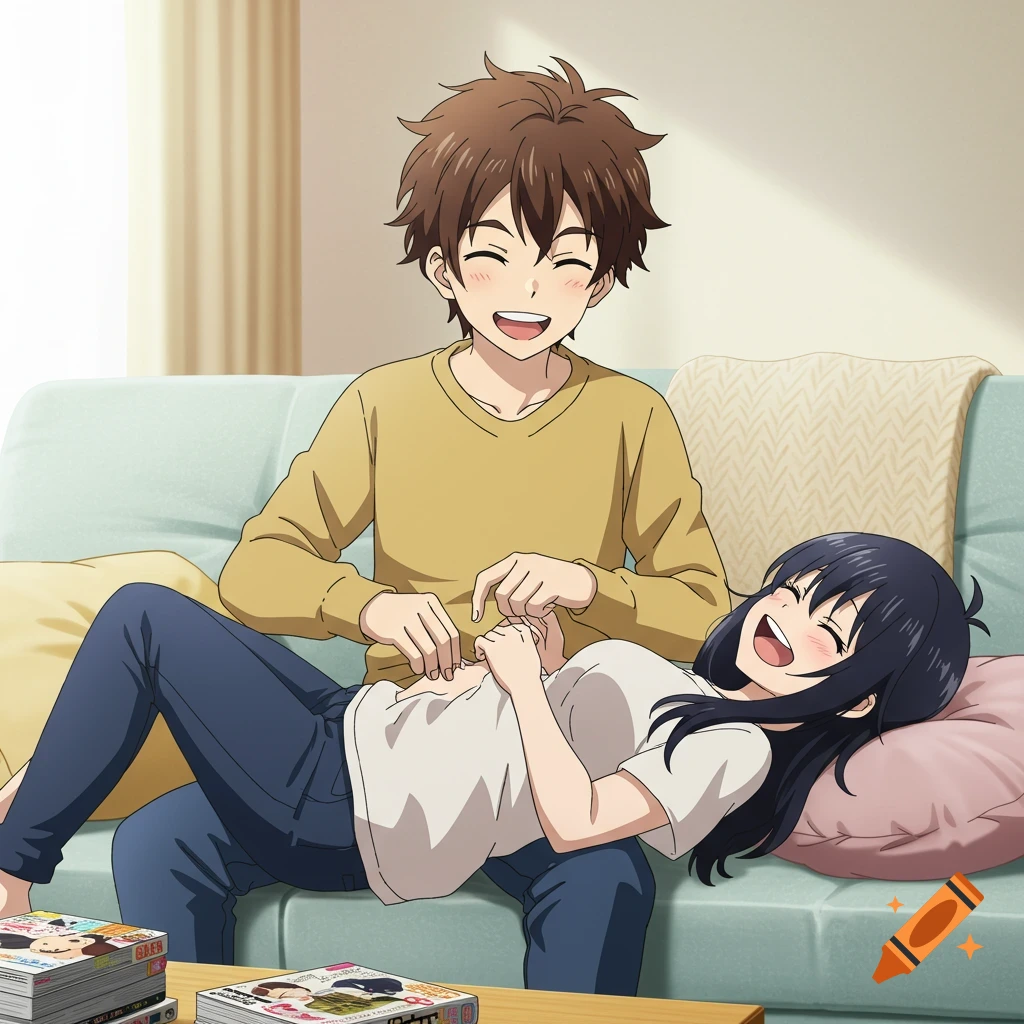 Anime-style illustration of a smiling boy tickling a laughing girl lying on his lap on a couch in a living room.