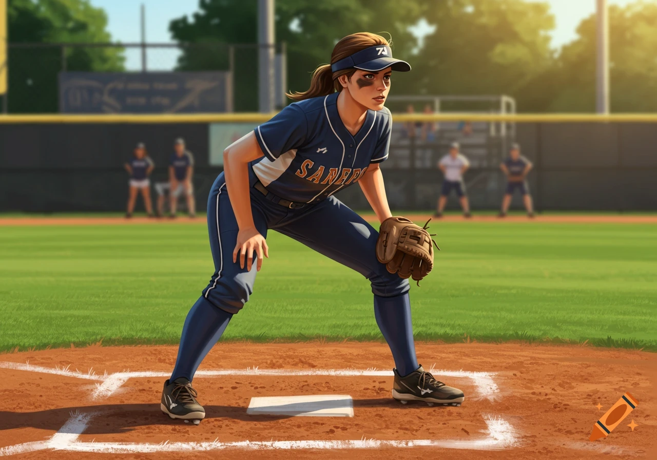 A female softball player in a blue uniform and visor, poised on the pitcher's mound during a game.