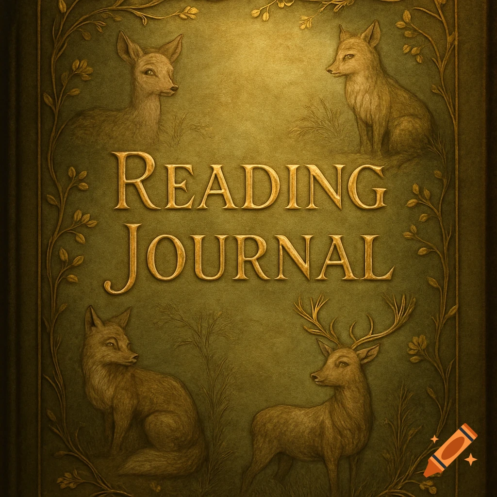 A vintage-style book cover for a 'Reading Journal' featuring embossed deer and foxes surrounded by foliage on a green and gold background.
