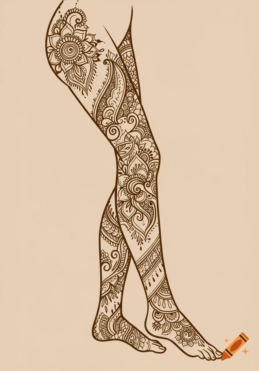 Detailed illustration of legs adorned with intricate brown henna patterns in a mandala and tribal style on a light background.