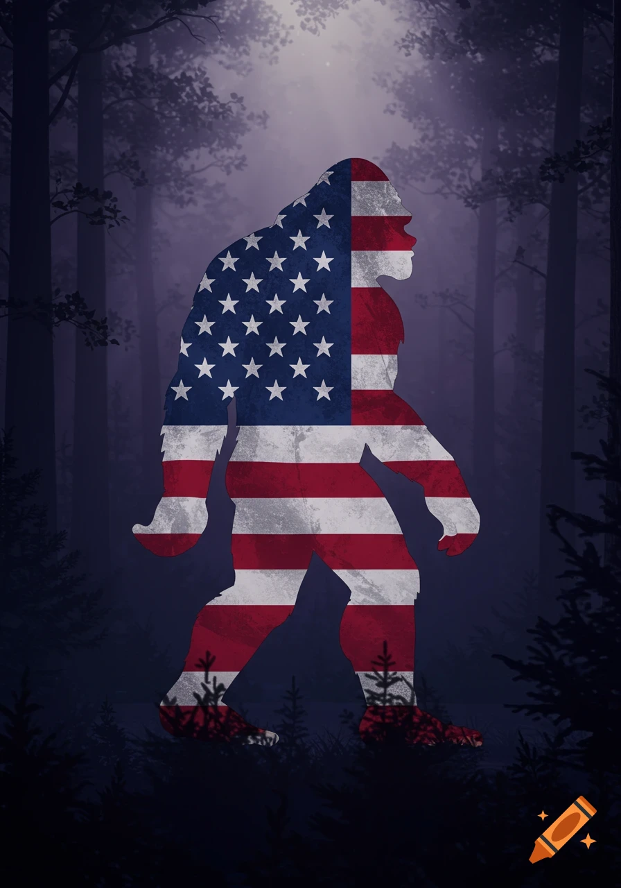 A silhouette of Bigfoot filled with the American flag stands in a dark, misty forest.