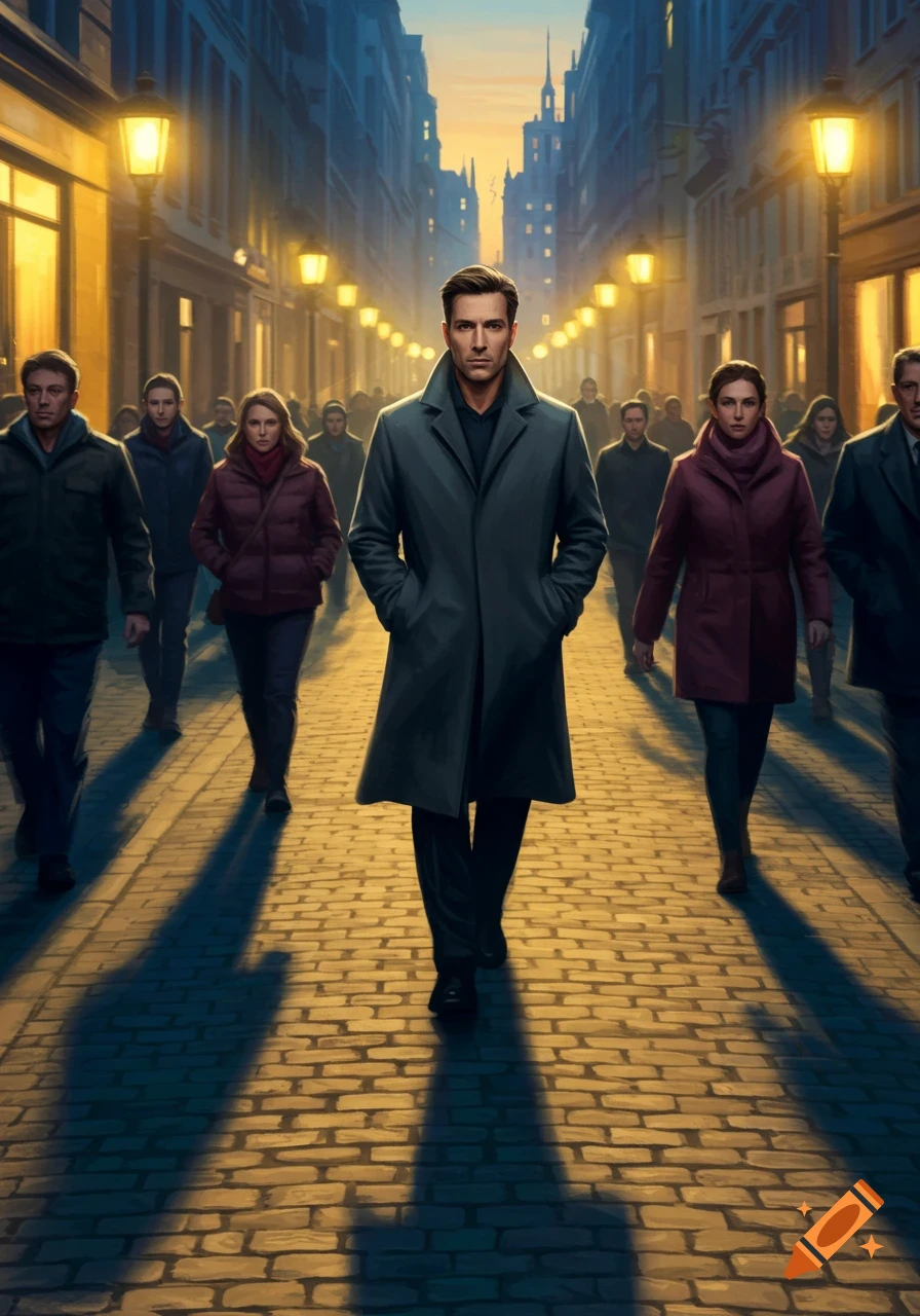 A man in a trench coat walks towards the viewer on a cobblestone street lined with glowing lamps, pushing through a crowd at dusk.