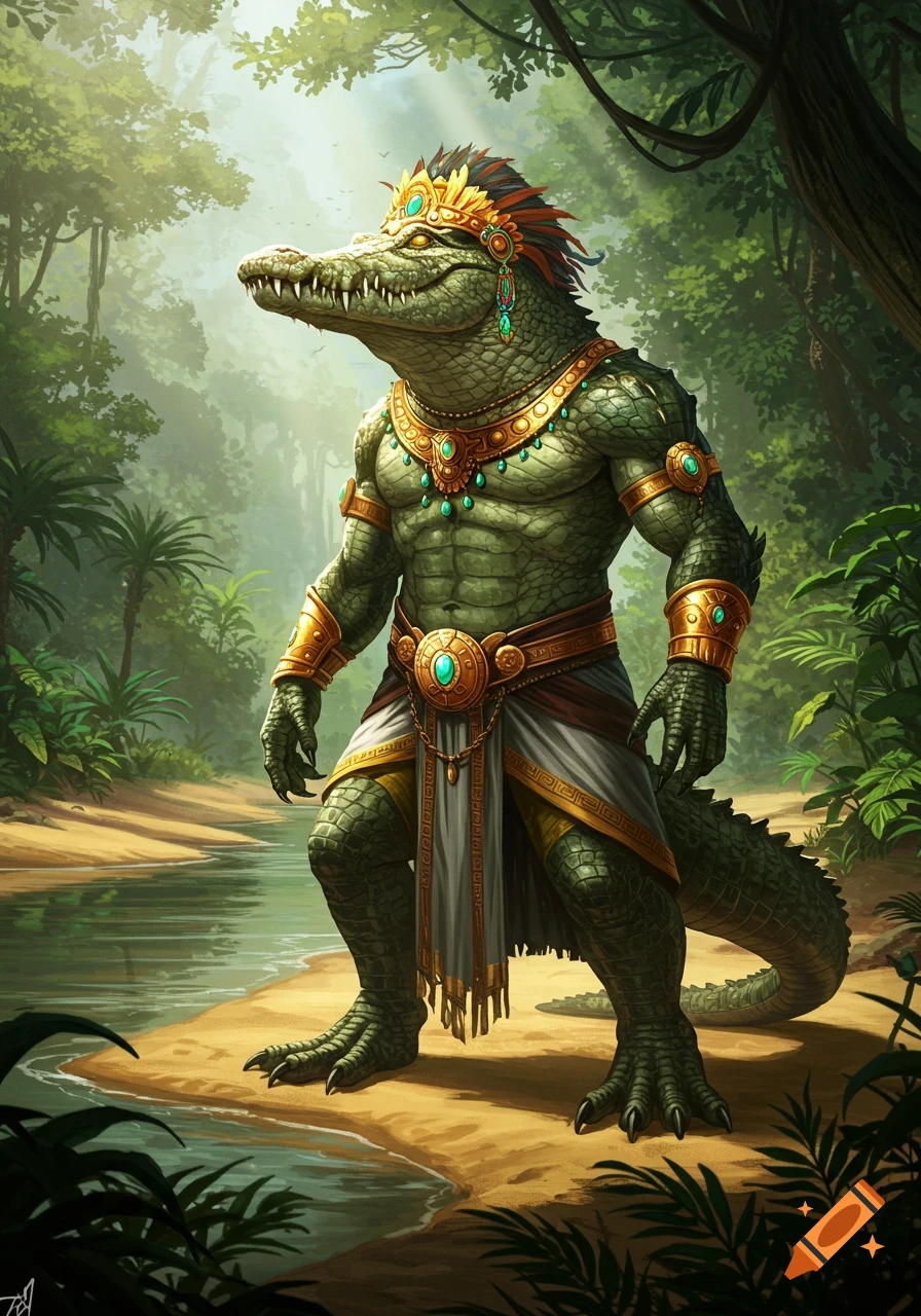 A powerful anthropomorphic crocodile god, adorned with gold and emerald jewelry, stands on a sandy riverbank in a lush, sunlit jungle.