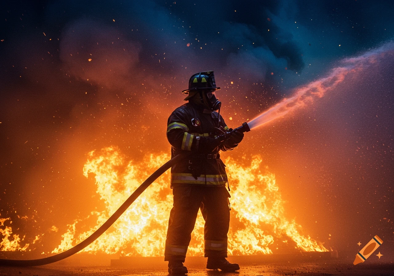 A firefighter in full gear aims a hose at a large blaze, surrounded by fire and smoke with embers flying.
