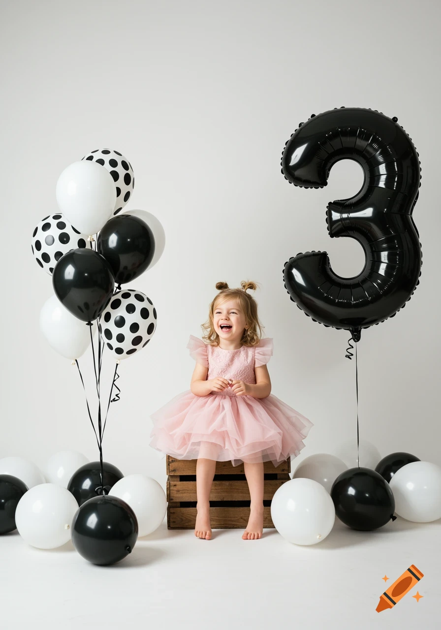 A smiling toddler in a pink dress sits on a wooden crate surrounded by black and white balloons, with a large black number 3 balloon on the right.