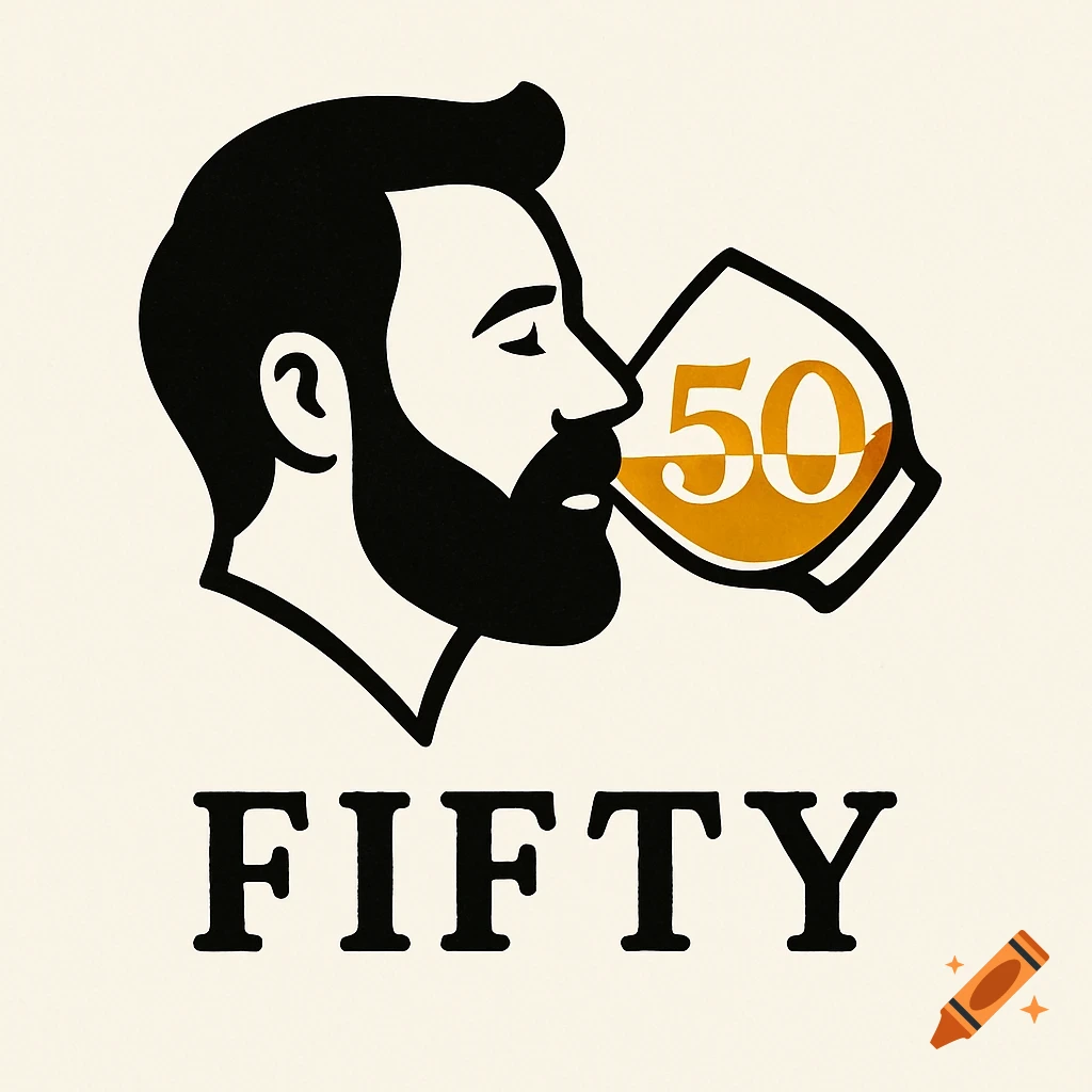 A minimalist logo of a bearded man's profile sipping from a glass with '50' inside, and the word 'FIFTY' below, on a cream background.