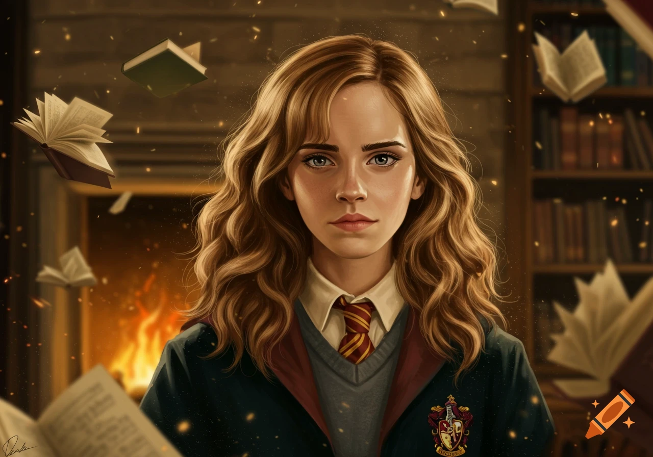 A detailed digital painting of Hermione Granger with long wavy hair and blue eyes, standing in a library with books floating around her and a fireplace in the background.