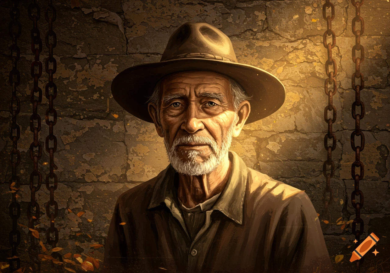 An old man with a white beard and hat looks forward, framed by chains against a rough stone wall. Digital art.