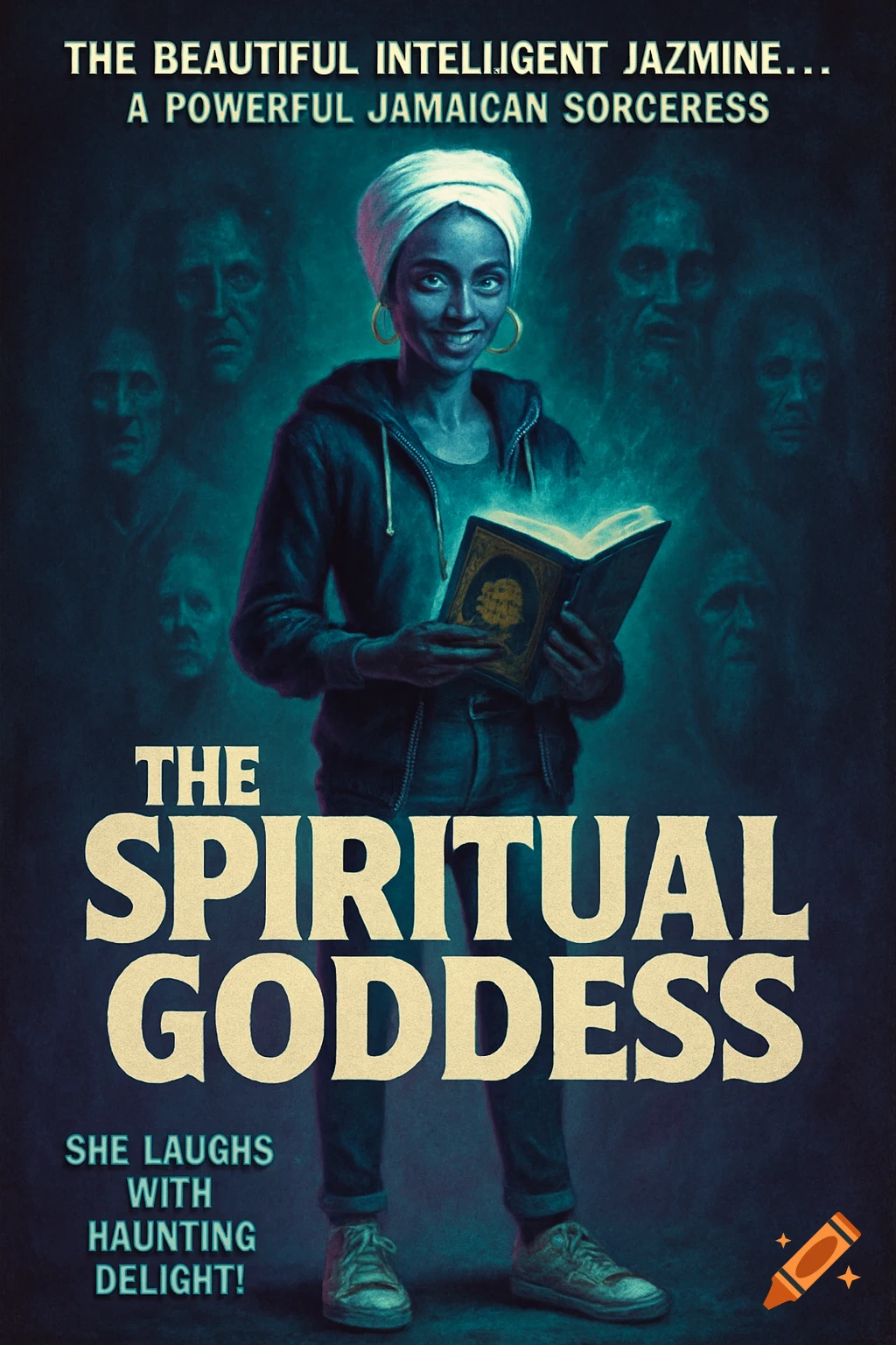 A vintage horror movie poster depicts a smiling dark-skinned woman in a white headwrap, holding a glowing book. Ghostly figures appear in the dark background. Text reads 'The Spiritual Goddess'.