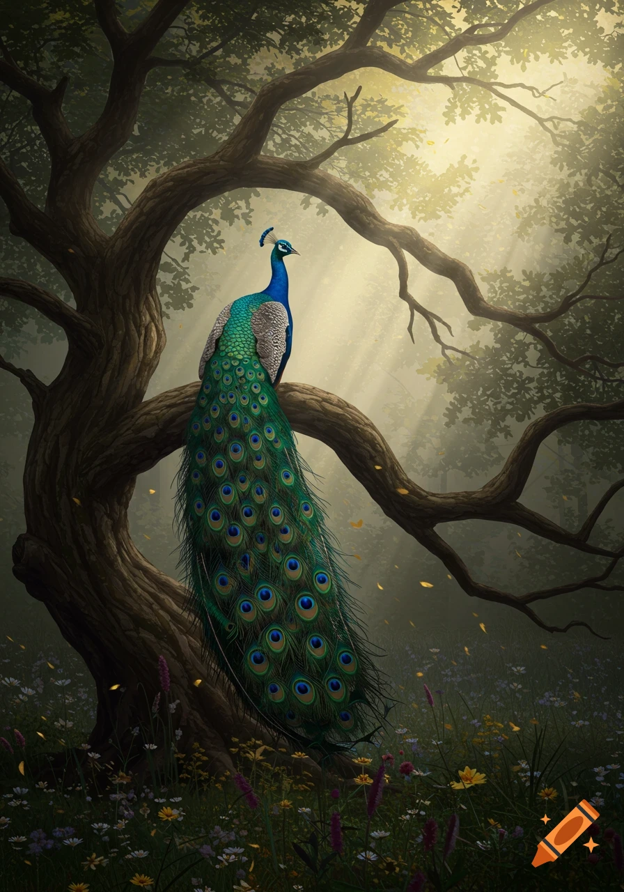 A vibrant peacock with a long, iridescent tail sits majestically on a tree branch in a sunlit, misty forest with wildflowers.