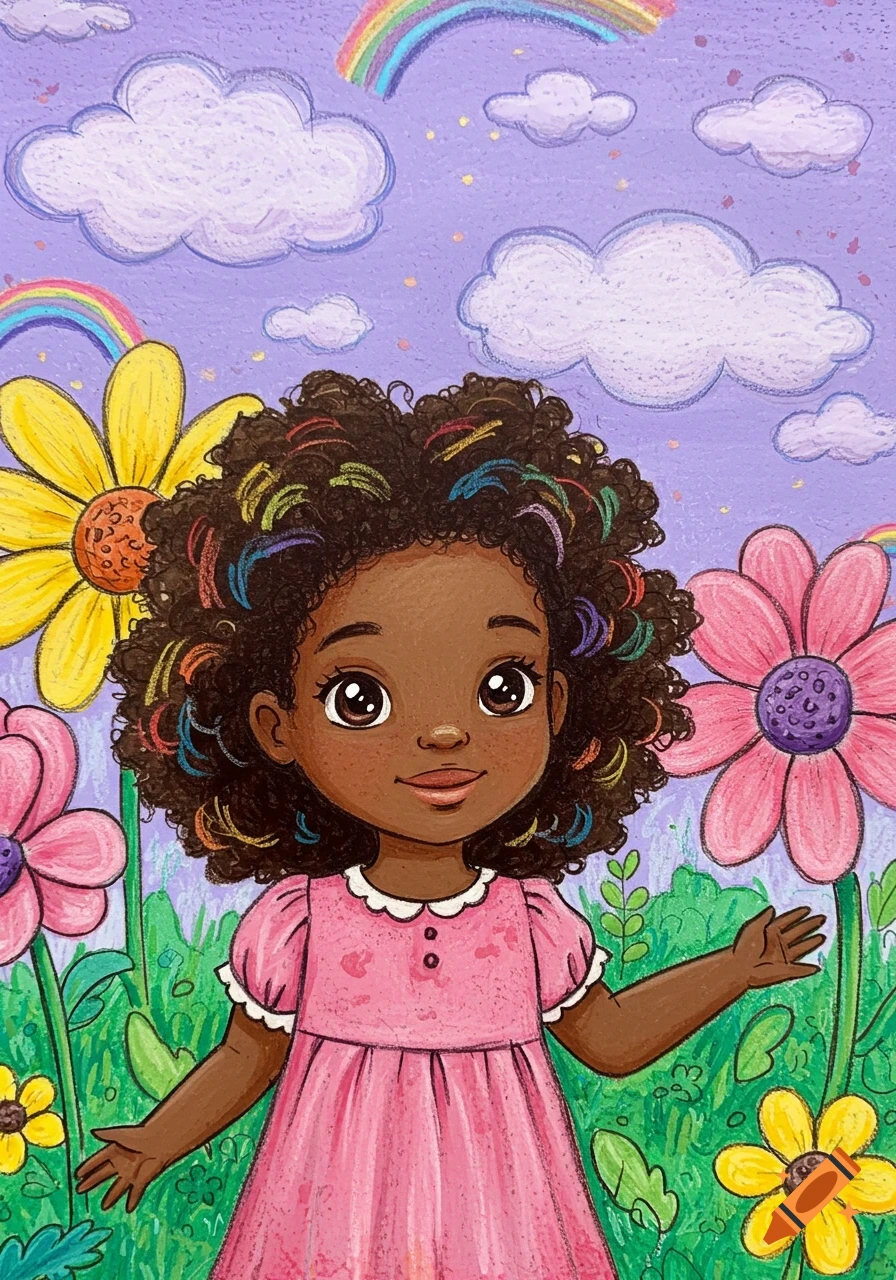 A vibrant crayon illustration depicts a joyful Black girl with multi-colored hair in a pink dress, standing in a field of flowers under a rainbow sky.