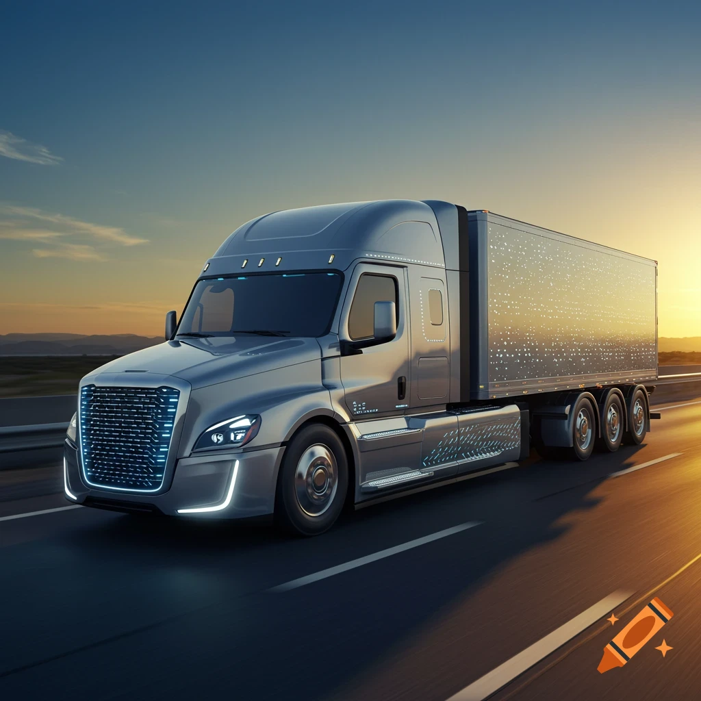 A futuristic silver semi-truck with blue lights drives on a highway at sunset.