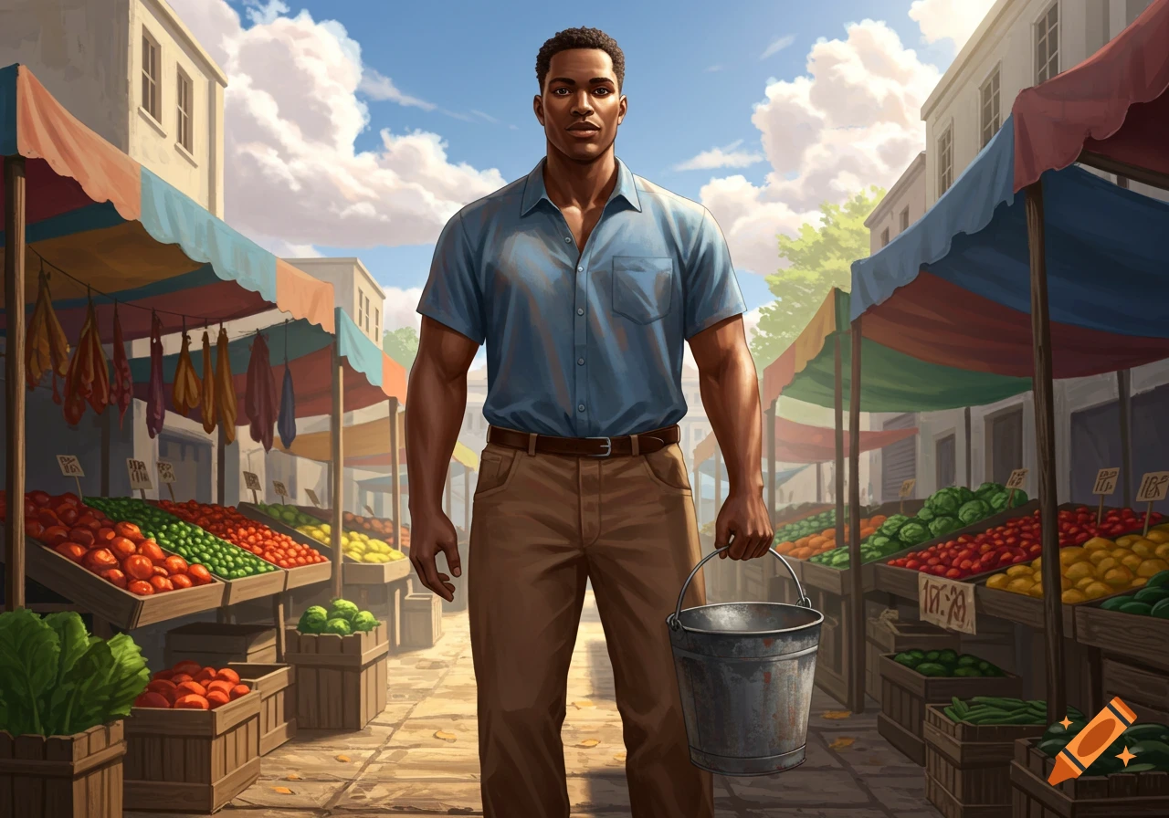 A man stands in the middle of a bustling outdoor market, holding a bucket. Stalls with fresh produce line both sides of the street.