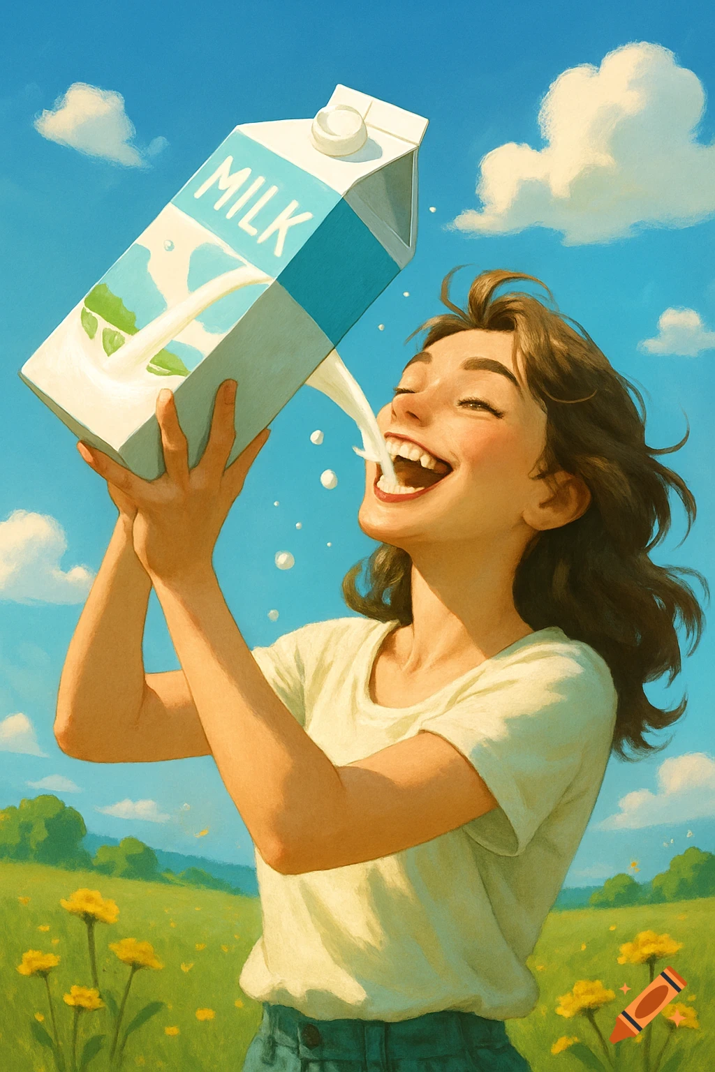 A happy young woman drinks milk directly from a carton in a sunny, illustrative field.