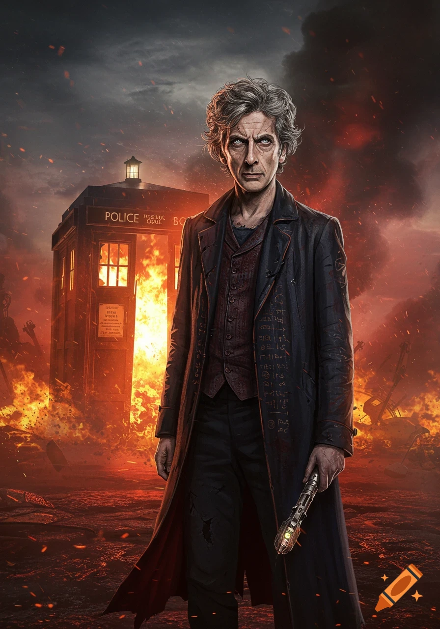 A stylized portrait of a rugged Time Lord, resembling Peter Capaldi, standing in a scorched cosmic battlefield with a burning TARDIS in the background. He holds a cyberpunk sonic screwdriver.