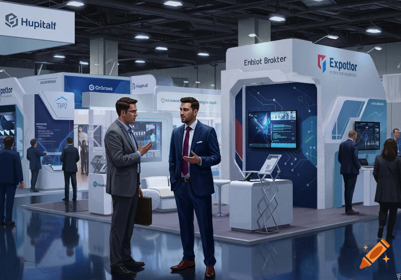 Photorealistic image of two men in suits talking at a modern trade show booth, with other attendees and booths in the background.