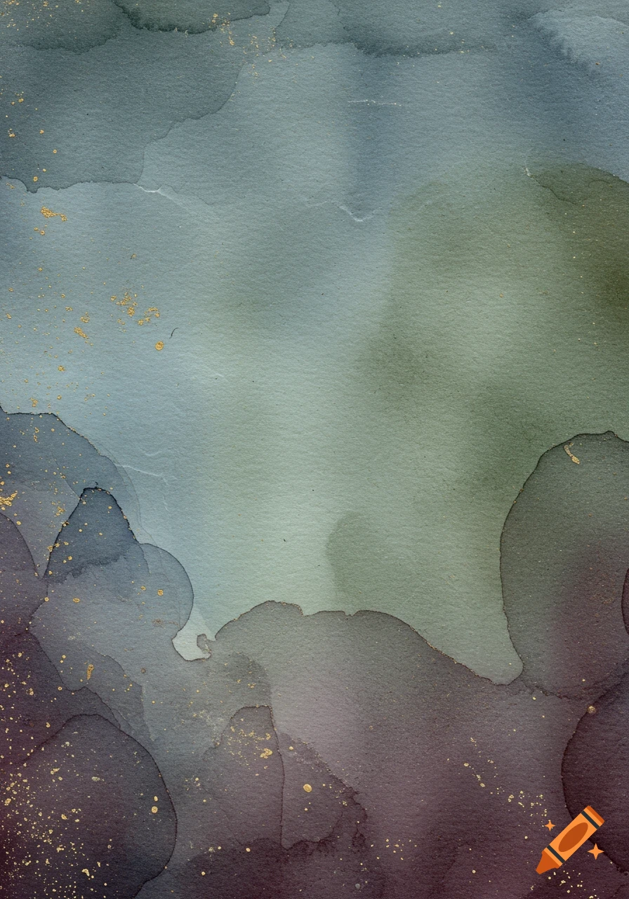 An abstract watercolor background featuring washes of blue, green, and purple hues with scattered golden speckles.