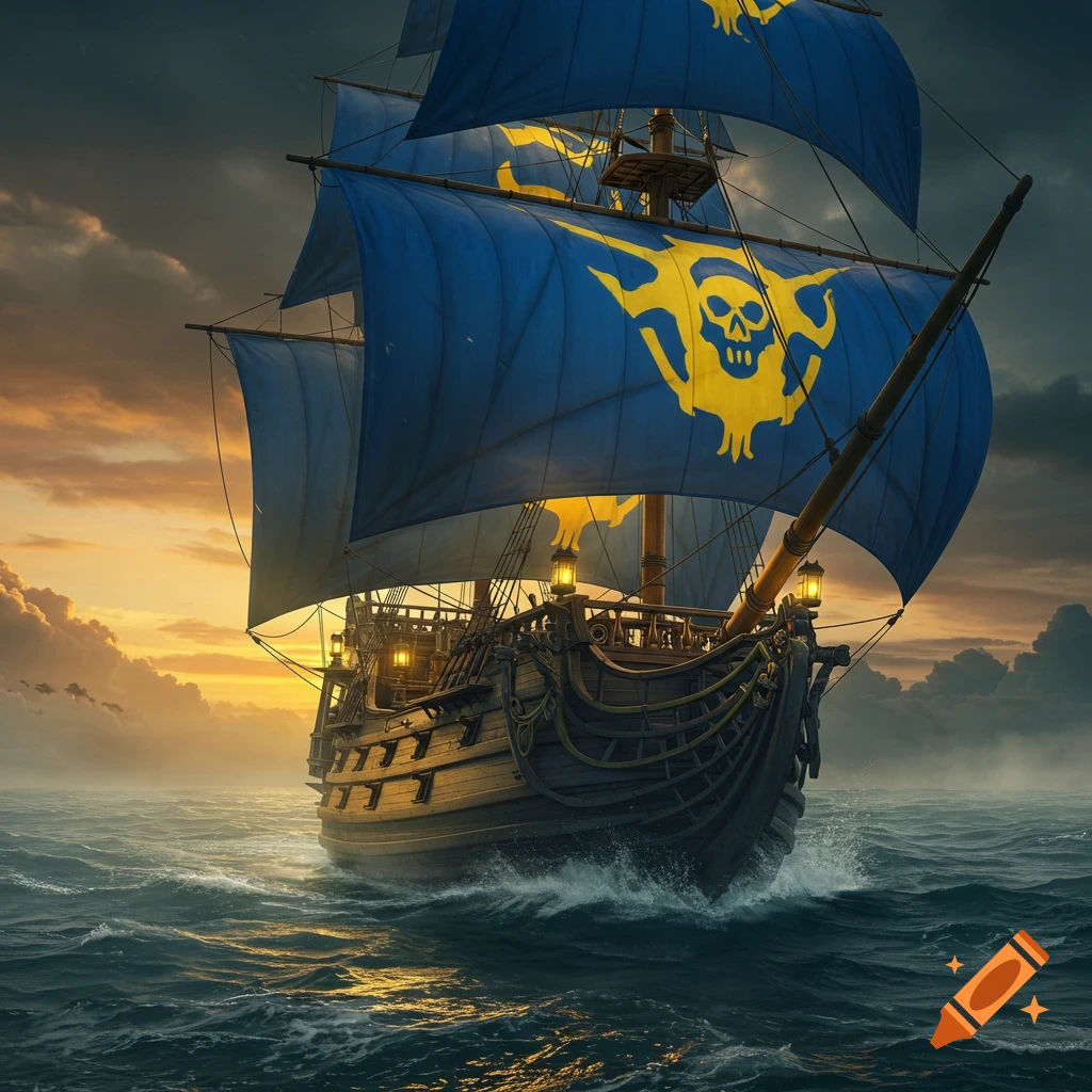 A photorealistic pirate ship with blue sails and yellow skull symbols sails on a stormy ocean at sunset.