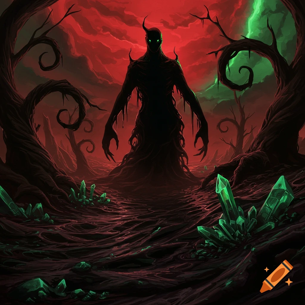 A shadowy monster with glowing green eyes stands in a red and black, twisted landscape with green crystals.