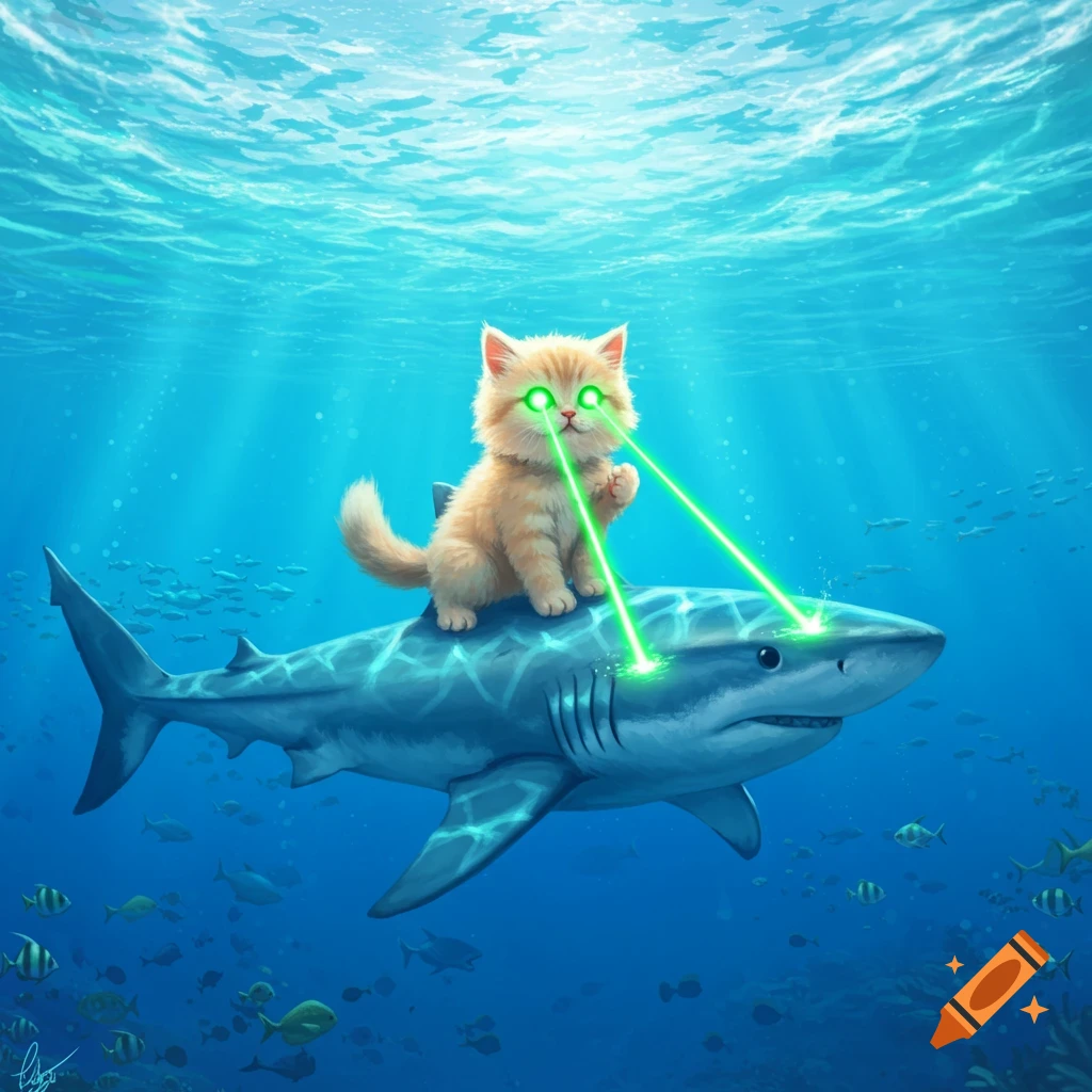 A fuzzy orange kitten with glowing green laser eyes rides on the back of a shark underwater.