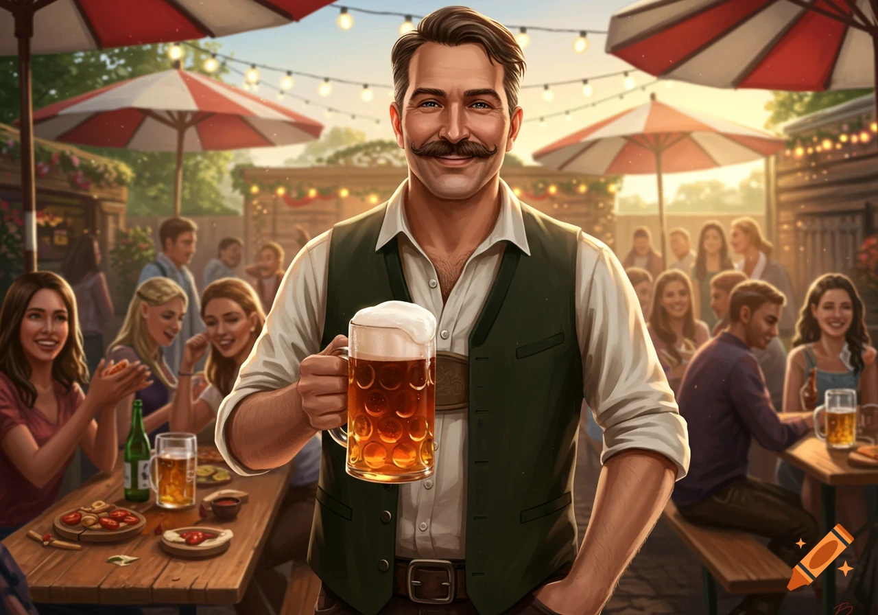 A smiling man with a moustache holds a frothy beer mug in an outdoor beer garden bustling with people under red umbrellas, digital art.